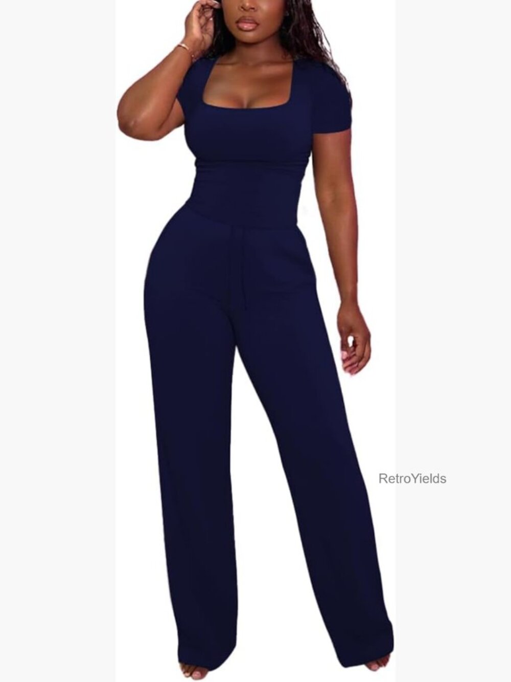 Women's 2 Piece Lounge Set Square Neck Top Wide Leg Pants Tracksuit